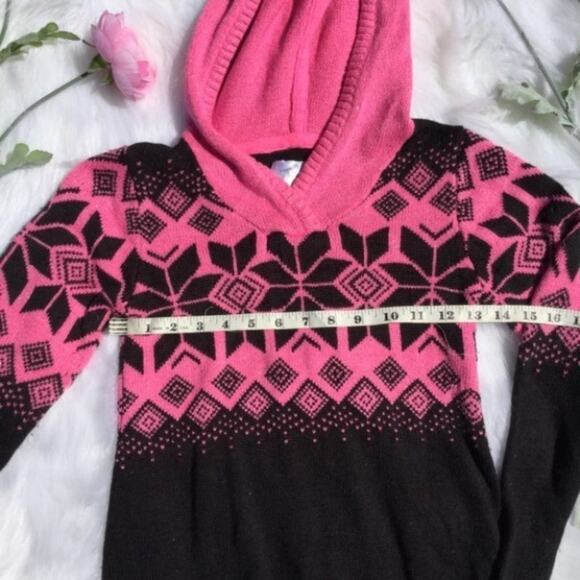 Justice Long Sweater Dress Junior 14 Pink Black Snowflake Hood Knit Winter - Picture 3 of 8
